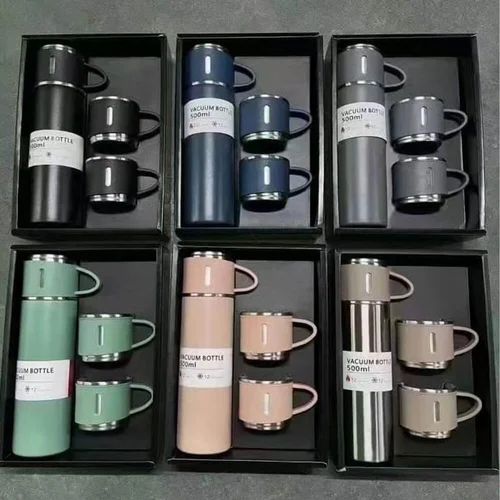 3-Cup 500ml Double-Layer Stainless Steel Vacuum Flask Set (Random Color)