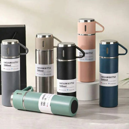 3-Cup 500ml Double-Layer Stainless Steel Vacuum Flask Set (Random Color)