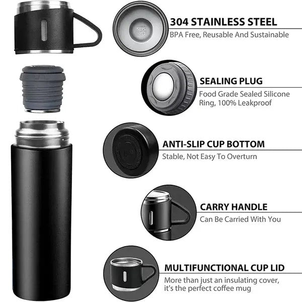 3-Cup 500ml Double-Layer Stainless Steel Vacuum Flask Set (Random Color)