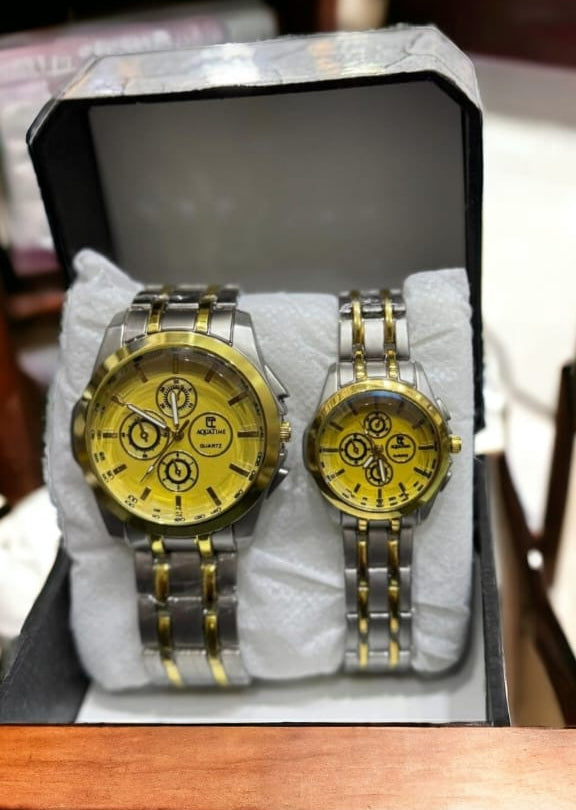 Couple’s Stainless Steel Two-Tone Silver Gold Chain Wristwatch Set