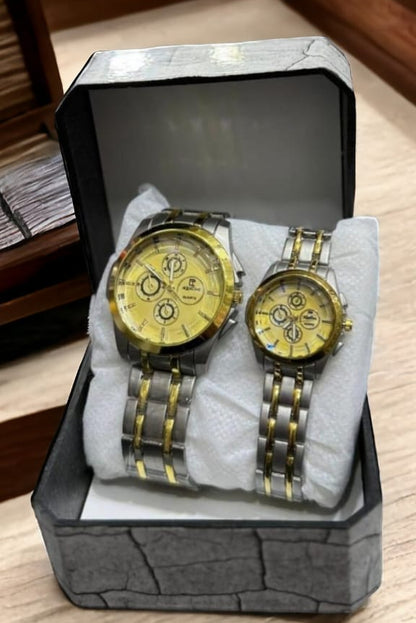 Couple’s Stainless Steel Two-Tone Silver Gold Chain Wristwatch Set