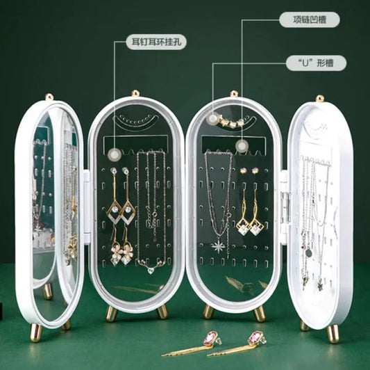 Foldable Jewelry Organizer with Mirror | Dustproof Earring & Necklace Display Box