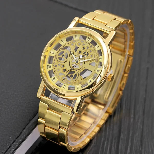 Golden Luxury Skeleton Quartz Stainless Steel Analog Watch for Men & Boys