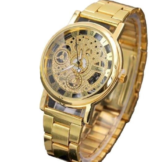 Golden Luxury Skeleton Quartz Stainless Steel Analog Watch for Men & Boys